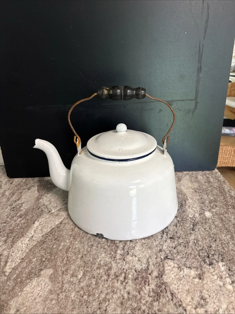 Vintage Large Enamel Tea Kettle Pot White  Ware W/ Wood Handle, Lid Farmhouse